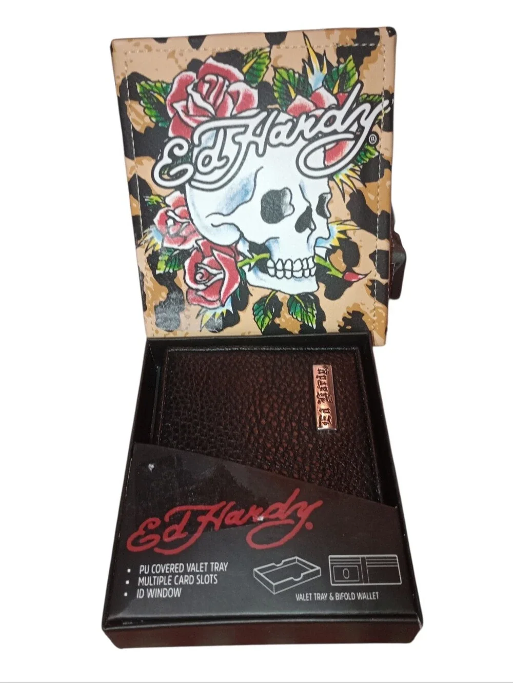 Ed Hardy Black Bifold Wallet with Rose Skull Artwork Gift Box, NWT